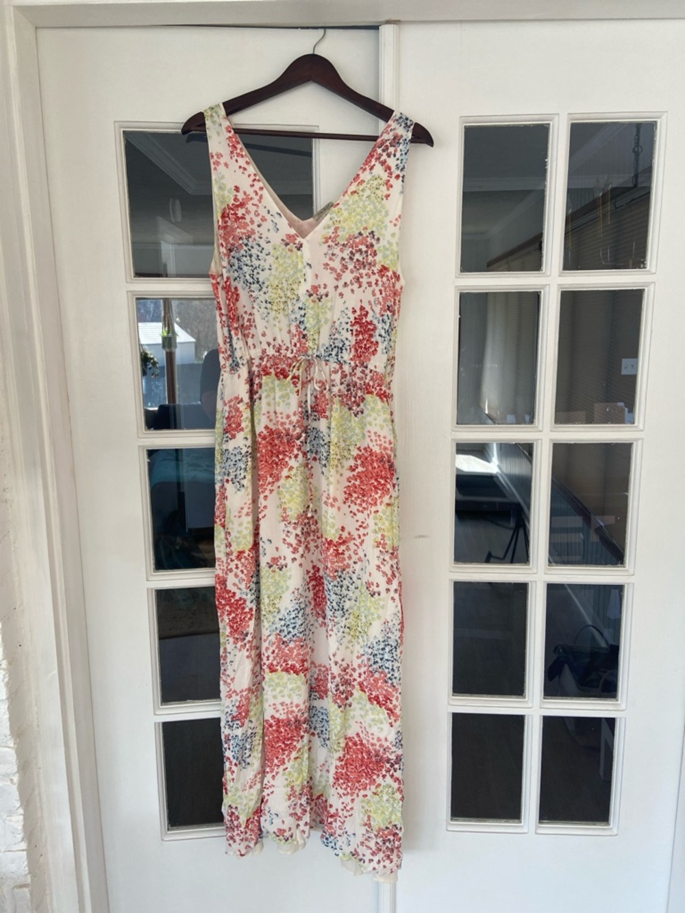 Lucky Brand White Maxi Dress with Coral, Lime & Soft Blue Floral Print